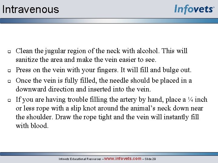 Intravenous Clean the jugular region of the neck with alcohol. This will sanitize the
