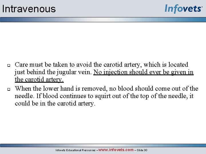 Intravenous Care must be taken to avoid the carotid artery, which is located just