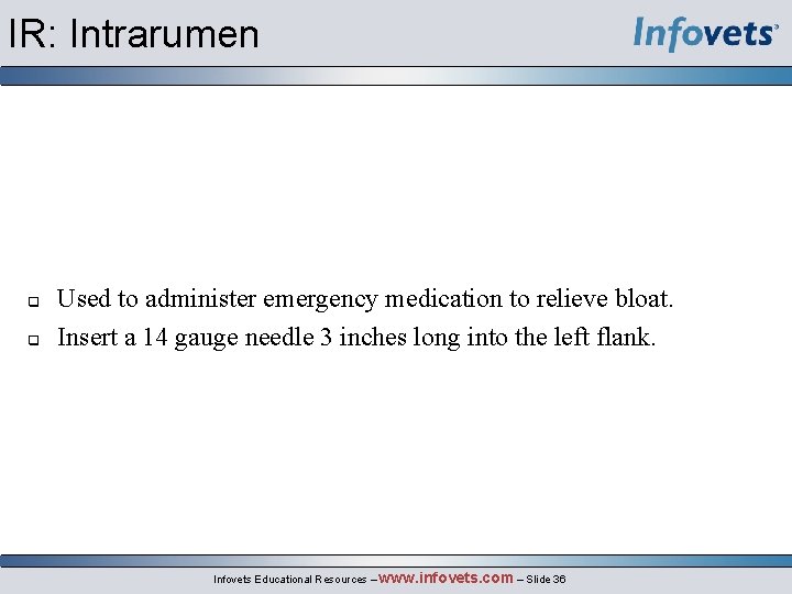IR: Intrarumen Used to administer emergency medication to relieve bloat. Insert a 14 gauge