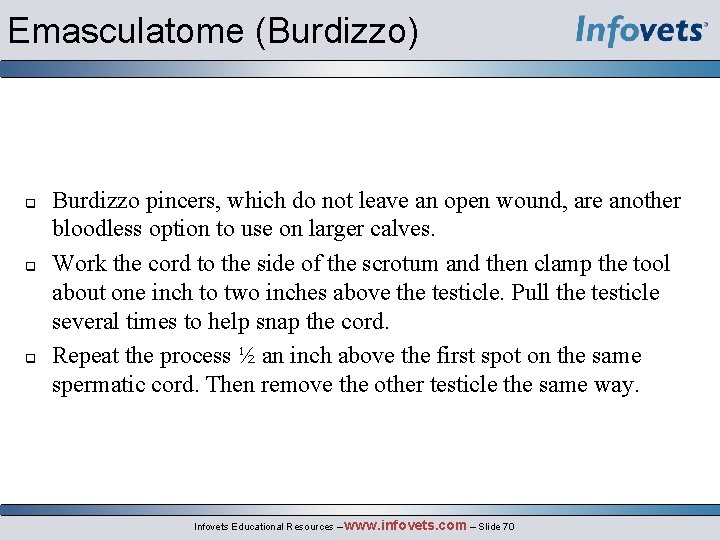 Emasculatome (Burdizzo) Burdizzo pincers, which do not leave an open wound, are another bloodless