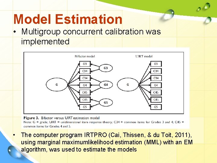 Model Estimation • Multigroup concurrent calibration was implemented • The computer program IRTPRO (Cai,