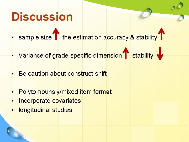 Discussion • sample size the estimation accuracy & stability • Variance of grade-specific dimension