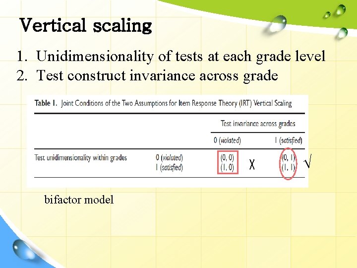 Vertical scaling 1. Unidimensionality of tests at each grade level 2. Test construct invariance