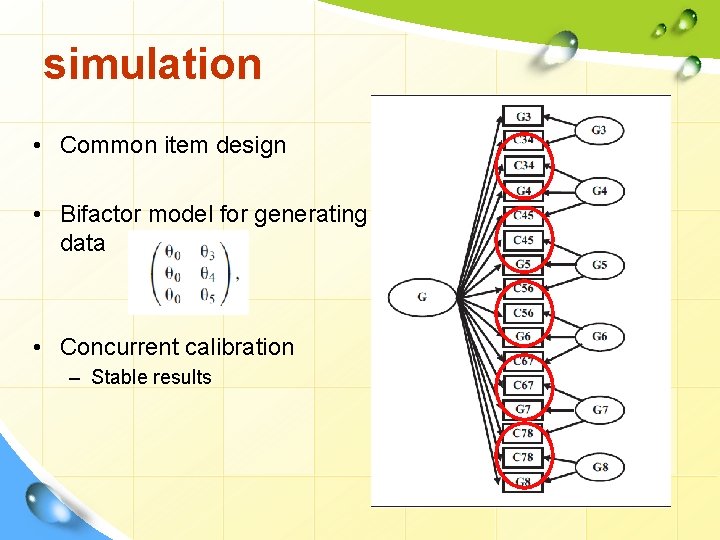 simulation • Common item design • Bifactor model for generating data • Concurrent calibration
