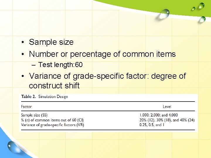  • Sample size • Number or percentage of common items – Test length: