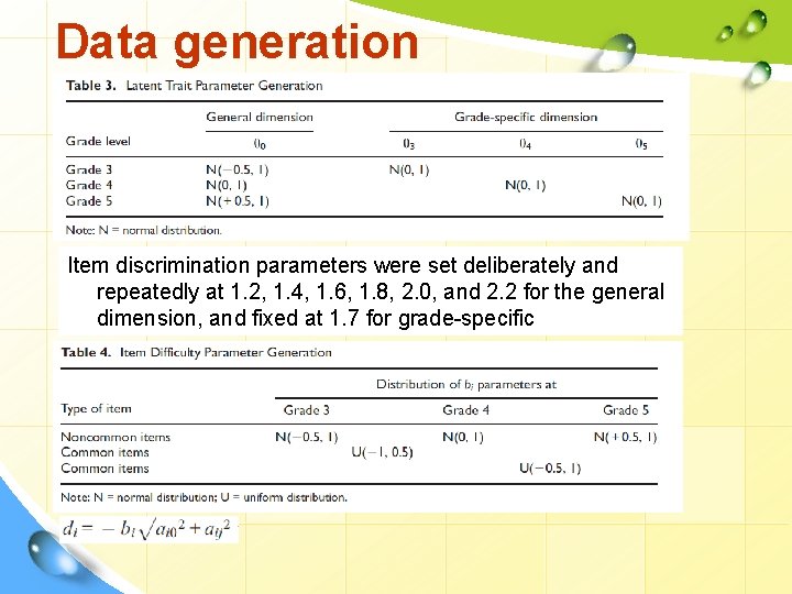 Data generation Item discrimination parameters were set deliberately and repeatedly at 1. 2, 1.