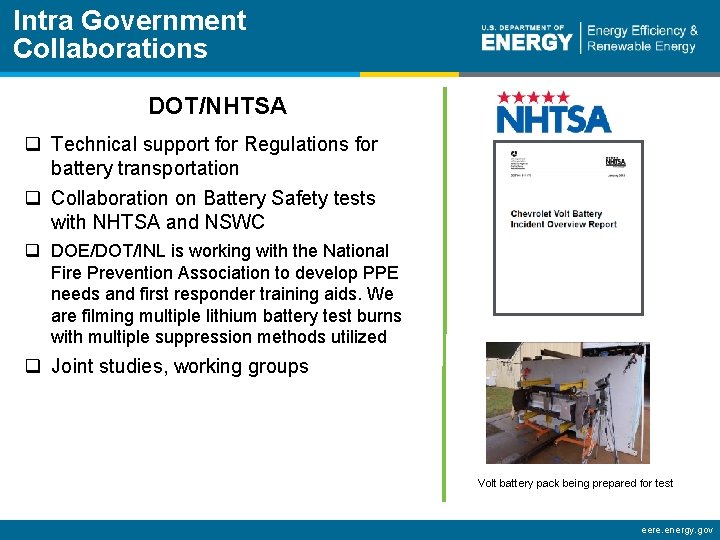 Intra Government Collaborations DOT/NHTSA q Technical support for Regulations for battery transportation q Collaboration