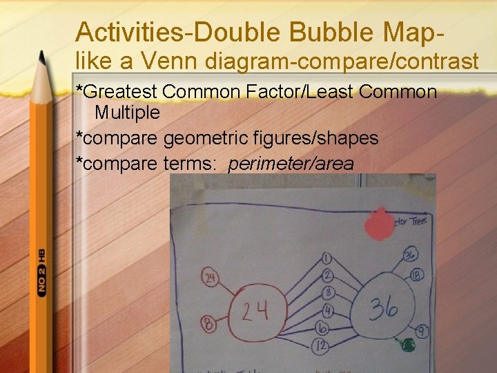 Activities-Double Bubble Map- like a Venn diagram-compare/contrast *Greatest Common Factor/Least Common Multiple *compare geometric