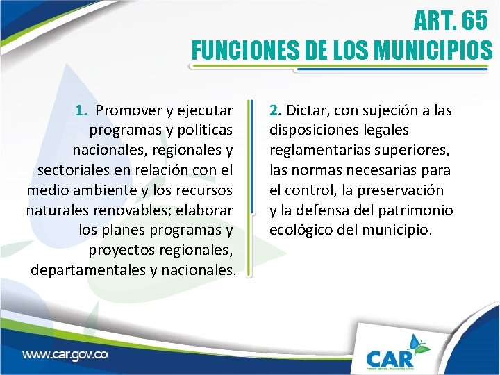 ART. 65 FUNCIONES DE LOS MUNICIPIOS 1. Promover y ejecutar programas y políticas nacionales,
