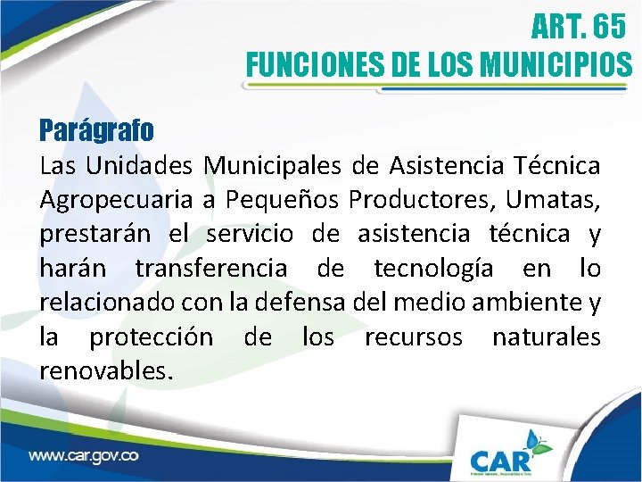 ART. 65 FUNCIONES DE LOS MUNICIPIOS Parágrafo Las Unidades Municipales de Asistencia Técnica Agropecuaria