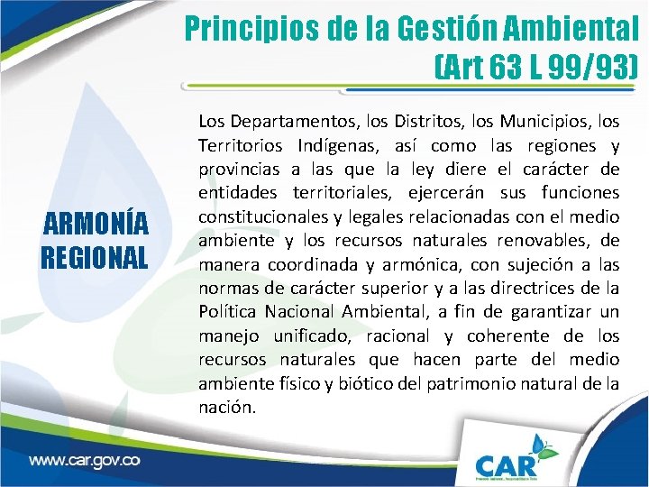 Principios de la Gestión Ambiental (Art 63 L 99/93) ARMONÍA REGIONAL Los Departamentos, los