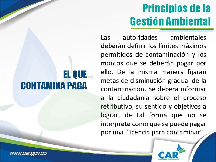 Principios de la Gestión Ambiental EL QUE CONTAMINA PAGA Las autoridades ambientales deberán definir