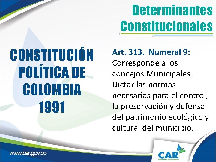 Determinantes Constitucionales CONSTITUCIÓN POLÍTICA DE COLOMBIA 1991 Art. 313. Numeral 9: Corresponde a los