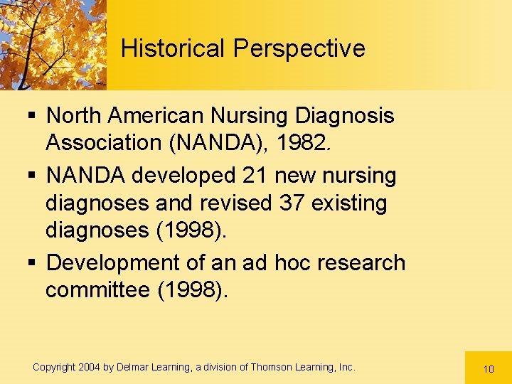 Historical Perspective § North American Nursing Diagnosis Association (NANDA), 1982. § NANDA developed 21