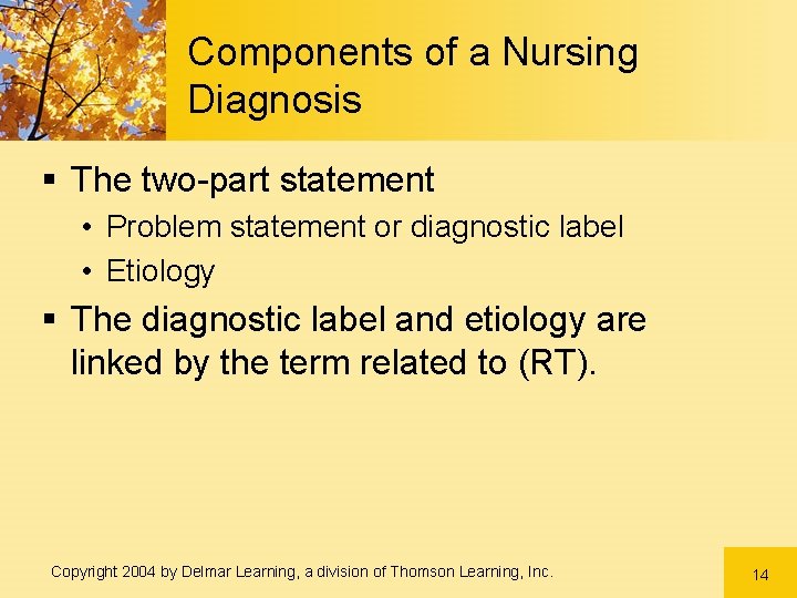 Components of a Nursing Diagnosis § The two-part statement • Problem statement or diagnostic