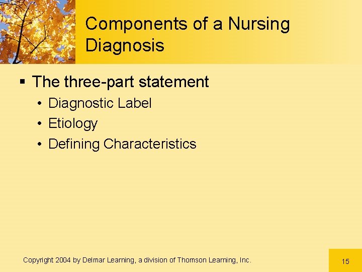 Components of a Nursing Diagnosis § The three-part statement • Diagnostic Label • Etiology