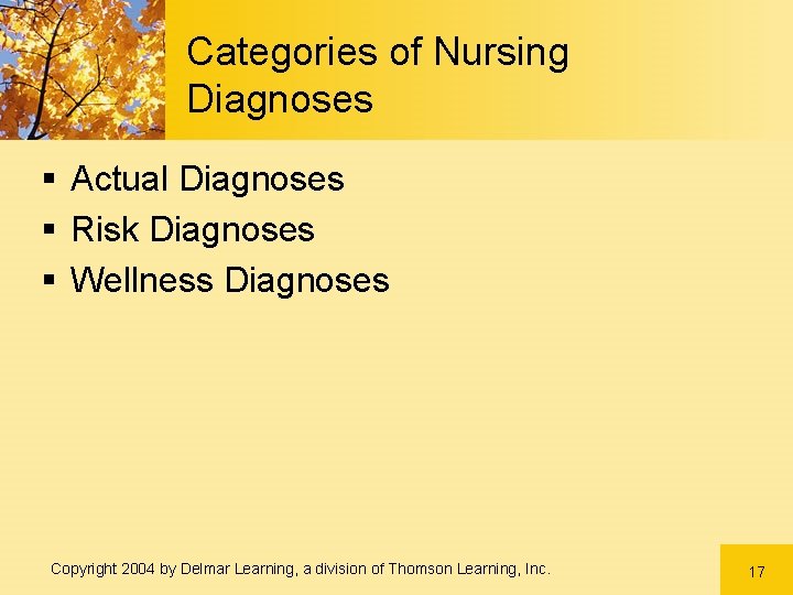 Categories of Nursing Diagnoses § Actual Diagnoses § Risk Diagnoses § Wellness Diagnoses Copyright