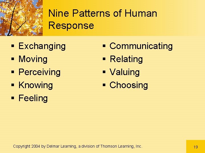 Nine Patterns of Human Response § § § Exchanging Moving Perceiving Knowing Feeling §