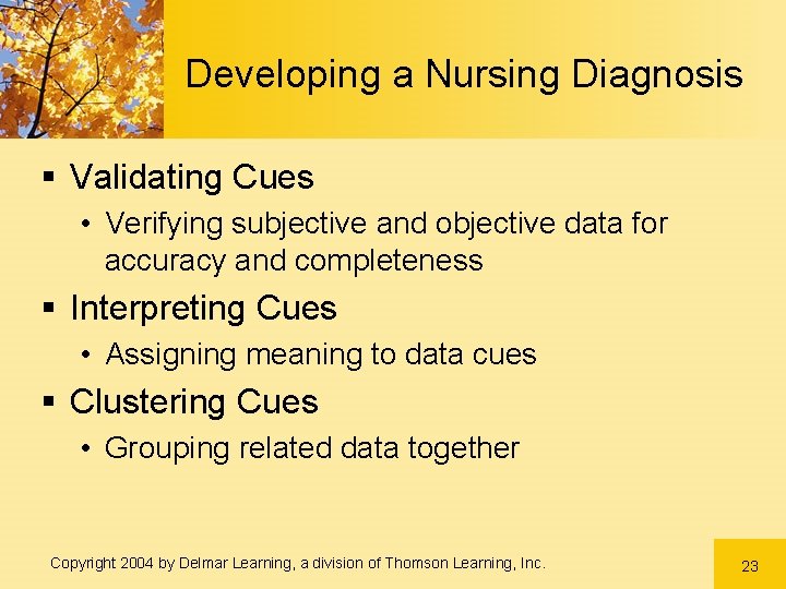 Developing a Nursing Diagnosis § Validating Cues • Verifying subjective and objective data for