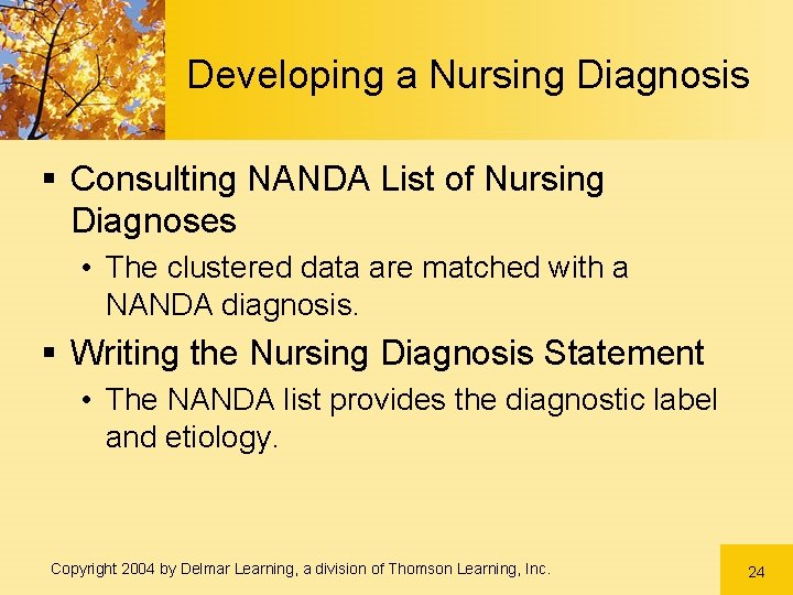 Developing a Nursing Diagnosis § Consulting NANDA List of Nursing Diagnoses • The clustered