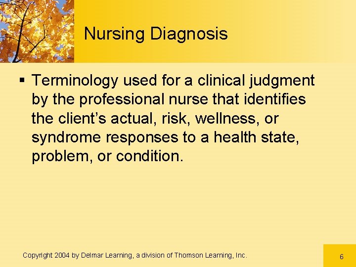 Nursing Diagnosis § Terminology used for a clinical judgment by the professional nurse that