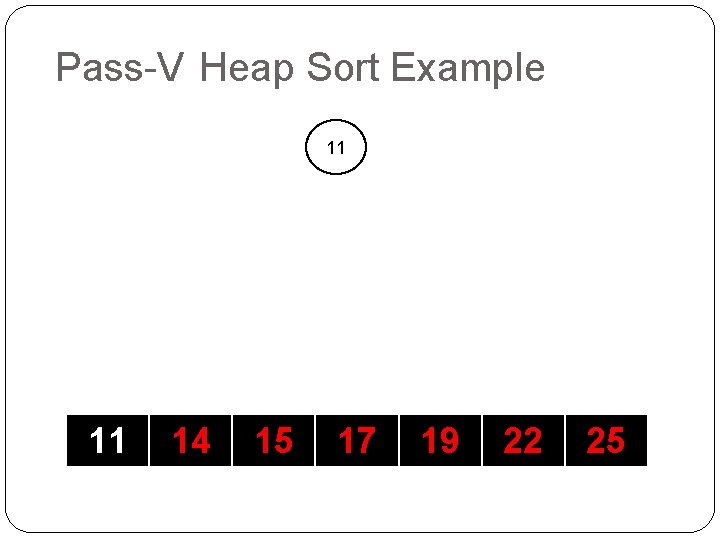 Pass-V Heap Sort Example 11 11 14 15 17 19 22 25 