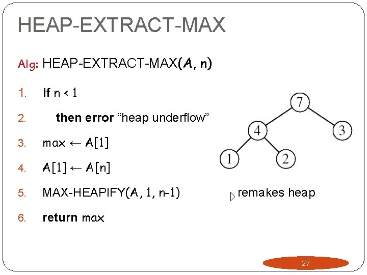 HEAP-EXTRACT-MAX Alg: HEAP-EXTRACT-MAX(A, n) 1. if n < 1 2. then error “heap underflow”