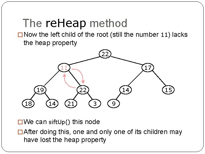 The re. Heap method � Now the left child of the root (still the