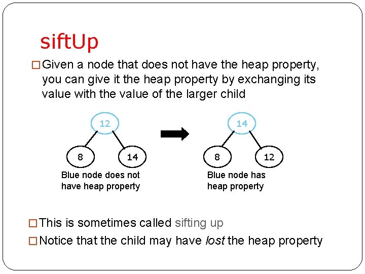 sift. Up � Given a node that does not have the heap property, you