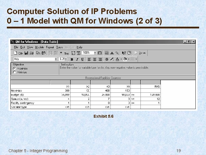 Computer Solution of IP Problems 0 – 1 Model with QM for Windows (2