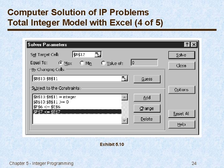 Computer Solution of IP Problems Total Integer Model with Excel (4 of 5) Exhibit