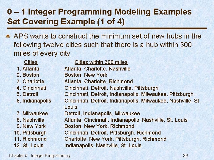 0 – 1 Integer Programming Modeling Examples Set Covering Example (1 of 4) APS