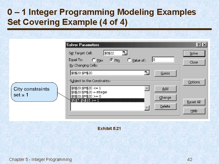 0 – 1 Integer Programming Modeling Examples Set Covering Example (4 of 4) Exhibit