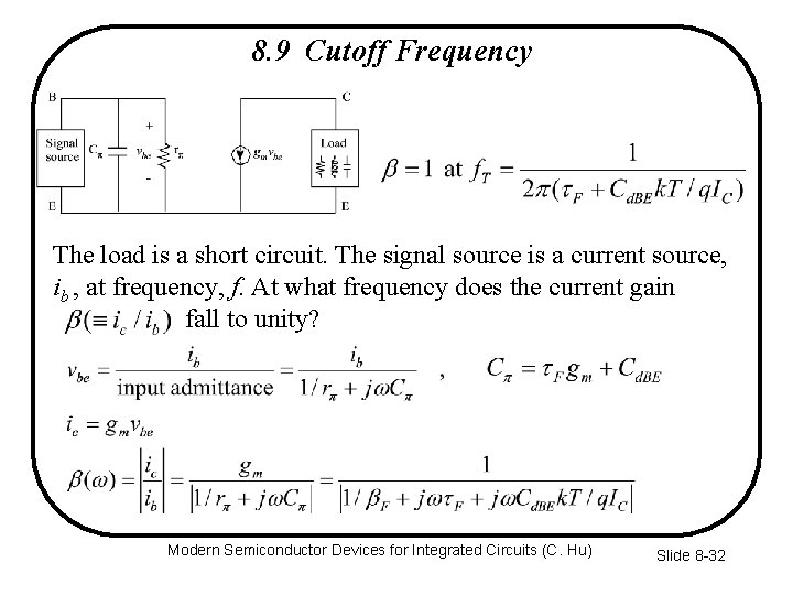 8. 9 Cutoff Frequency The load is a short circuit. The signal source is