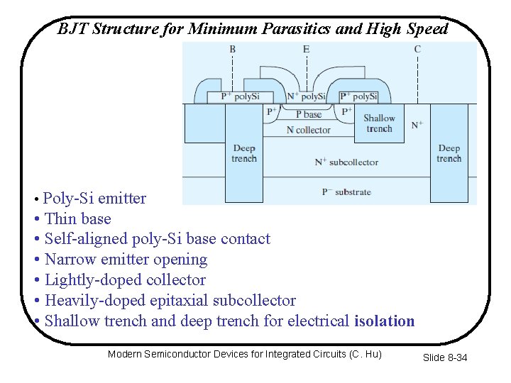 BJT Structure for Minimum Parasitics and High Speed • Poly-Si emitter • Thin base