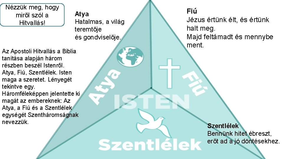 Nézzük meg, hogy miről szól a Hitvallás! Atya Hatalmas, a világ teremtője és gondviselője.