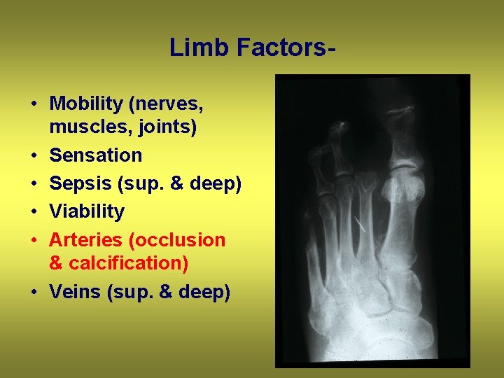 Limb Factors • Mobility (nerves, muscles, joints) • Sensation • Sepsis (sup. & deep)