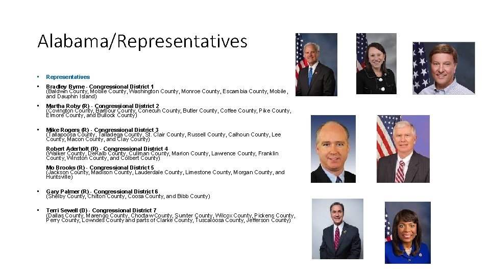 Alabama/Representatives • Representatives • Bradley Byrne - Congressional District 1 (Baldwin County, Mobile County,