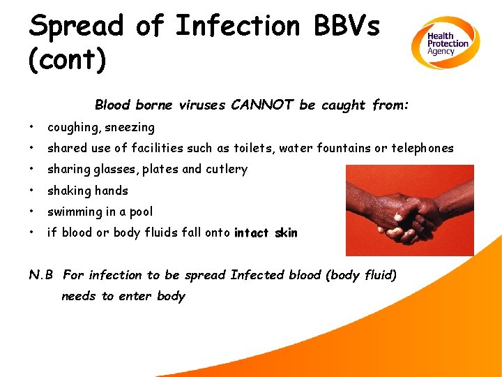 Spread of Infection BBVs (cont) Blood borne viruses CANNOT be caught from: • coughing,