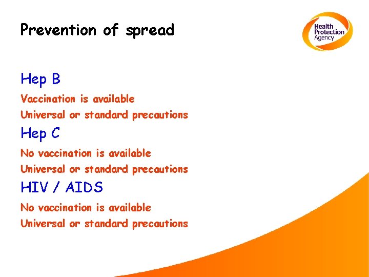 Prevention of spread Hep B Vaccination is available Universal or standard precautions Hep C