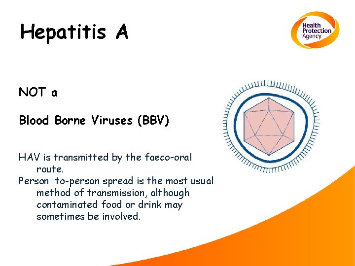 Hepatitis A NOT a Blood Borne Viruses (BBV) HAV is transmitted by the faeco-oral