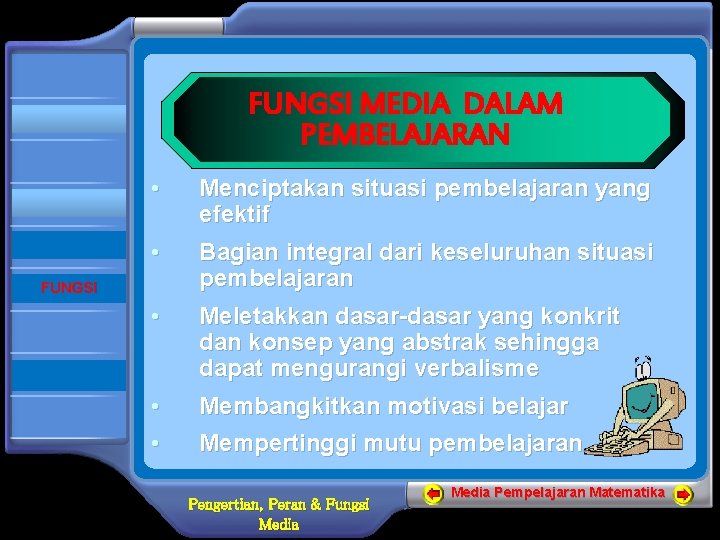 FUNGSI MEDIA DALAM PEMBELAJARAN BERANDA PENGERTIAN PERAN • Menciptakan situasi pembelajaran yang efektif •