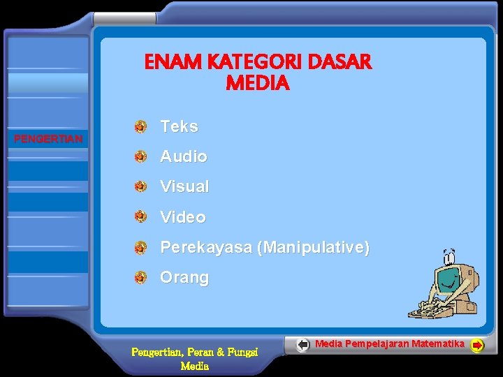  BERANDA PENGERTIAN PERAN FUNGSI SELESAI ENAM KATEGORI DASAR MEDIA Teks Audio Visual Video