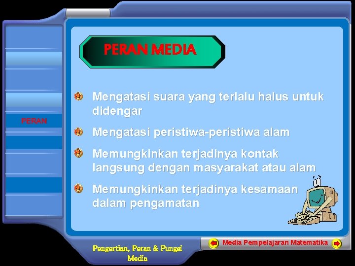  BERANDA PENGERTIAN PERAN FUNGSI SELESAI PERAN MEDIA Mengatasi suara yang terlalu halus untuk