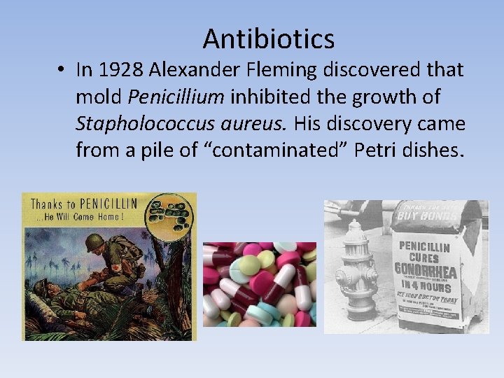 Antibiotics • In 1928 Alexander Fleming discovered that mold Penicillium inhibited the growth of