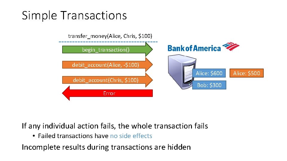 Simple Transactions transfer_money(Alice, Chris, $100) begin_transaction() debit_account(Alice, -$100) debit_account(Chris, $100) Alice: $600 Bob: $300