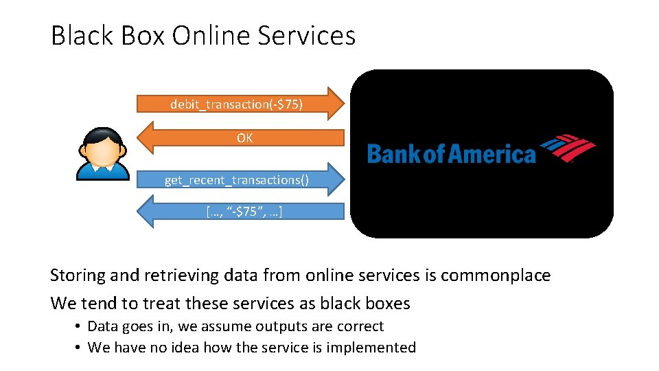 Black Box Online Services debit_transaction(-$75) OK get_recent_transactions() […, “-$75”, …] Storing and retrieving data