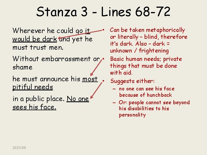 Stanza 3 - Lines 68 -72 Wherever he could go it would be dark