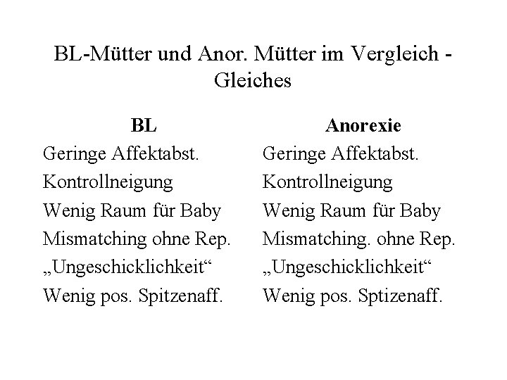 BL-Mütter und Anor. Mütter im Vergleich Gleiches BL Geringe Affektabst. Kontrollneigung Wenig Raum für