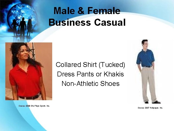 Male & Female Business Casual Collared Shirt (Tucked) Dress Pants or Khakis Non-Athletic Shoes